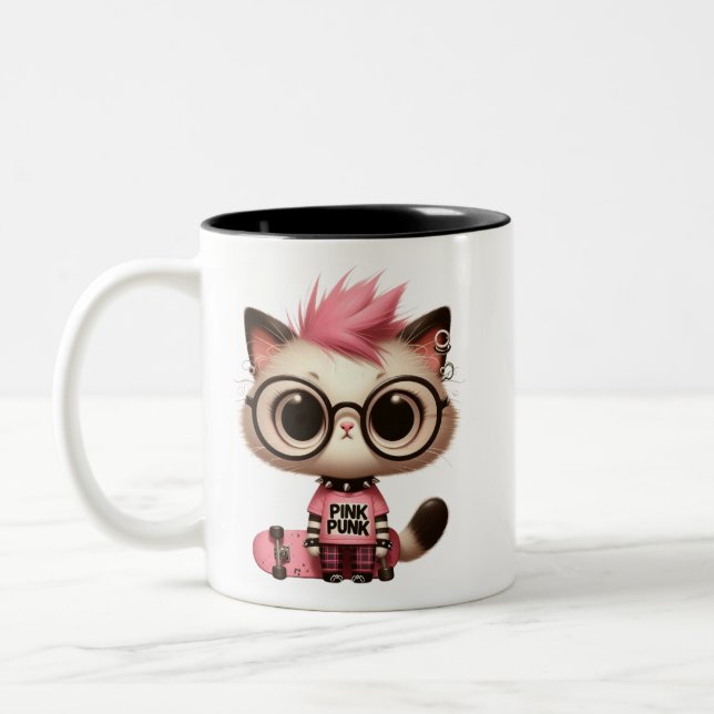  Punk Rock Cat with Skateboard | Cute Rebel Kitty  Two-Tone Coffee Mug (Left)