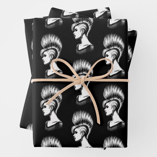 Punk Rock Girl with Mohawk Hairstyle Fashion Wrapping Paper Sheet (In situ)