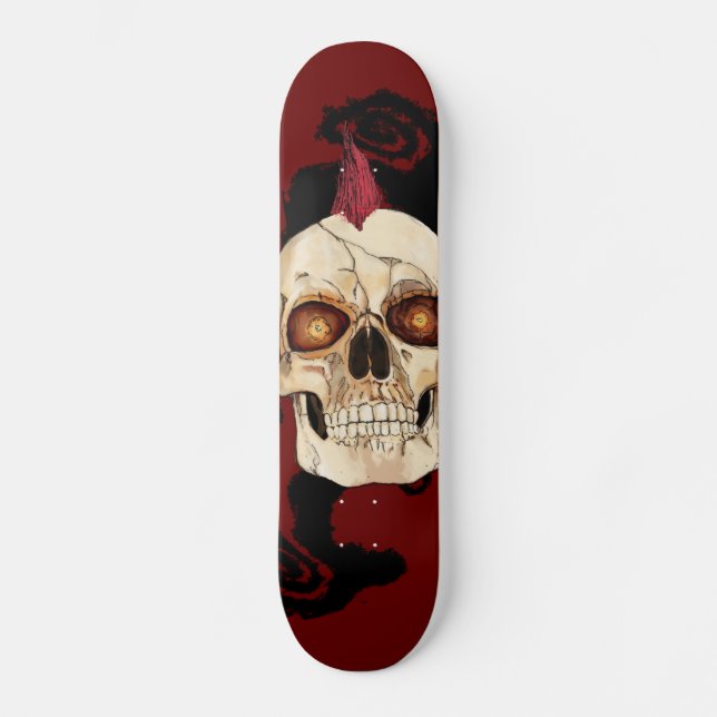 Punk Rock Gothic Skull with Red Mohawk Skateboard (Front)