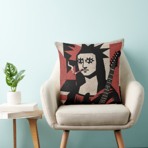 Punk Rock Mona Lisa Guitar Art Throw Pillow