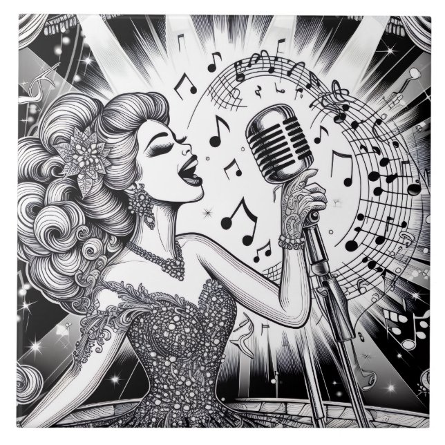 Punk Rock Rockabilly Retro Glam Black & White Tile (Front)