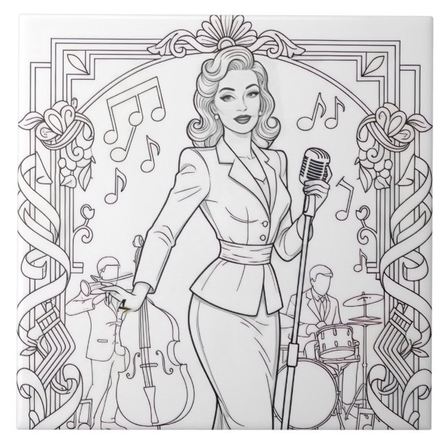 Punk Rock Rockabilly Retro Glam Black & White Tile (Front)
