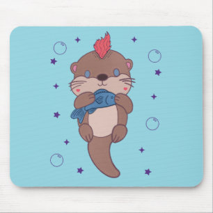 Punk Rock Sea Otter with Fish   Funny Animal Art Mouse Pad