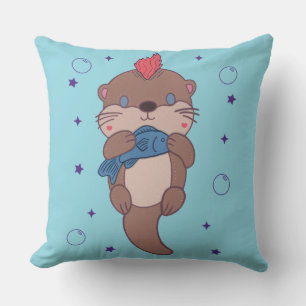 Punk Rock Sea Otter with Fish Funny Animal Art Throw Pillow