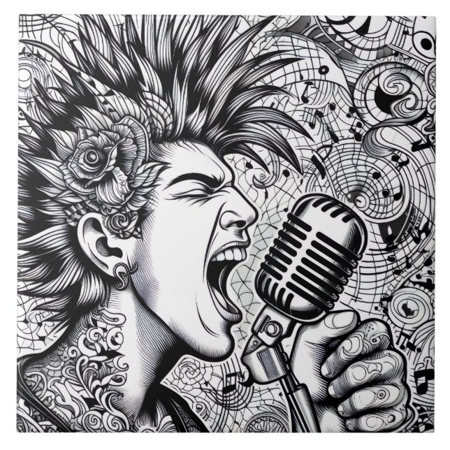 Punk Rock Singer Retro Glam Unique Black and White Tile (Front)