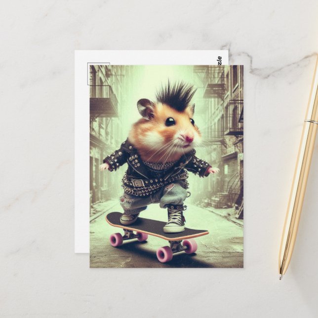 Punk Rock Skateboarding Hamster in Leather Jacket Postcard (Front/Back In Situ)