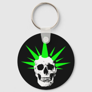 Punk Rock Skull with Neon Green Spikey Hair Keychain