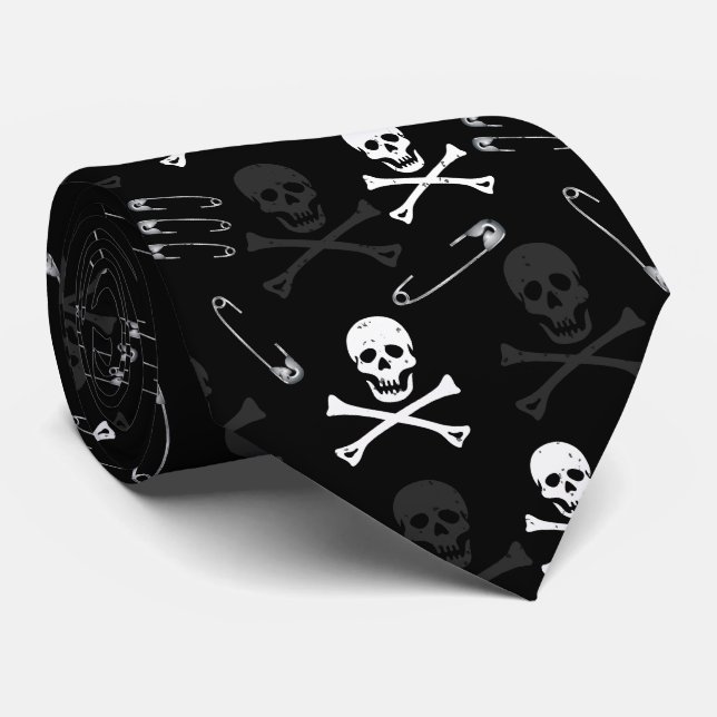 Punk Rock Skulls and Safety Pins Pattern Tie (Rolled)