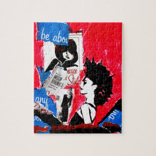 Punk rock star collage with pink, black  and blue jigsaw puzzle