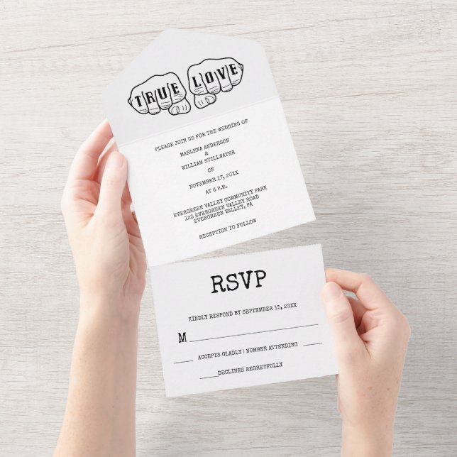 Punk Rock Tattoo Hands Minimalist Black and White All In One Invitation (Tearaway)
