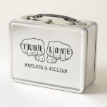Punk Rock Tattoo Hands True Love 10th Anniversary Metal Lunch Box<br><div class="desc">Add your names and your photo to create a personalized anniversary gift. This lunchbox features a simple graphic in black with two fists with "TRUE LOVE" spelled out in tattoo letters on the fingers with your names (or other text) below in typewriter style font on the reverse side is a...</div>