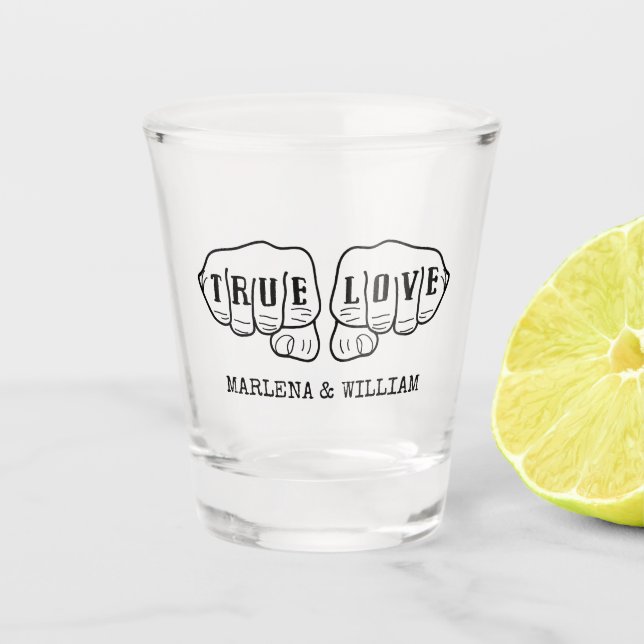 Punk Rock Tattoo Hands True Love 3rd Anniversary Shot Glass (Front)