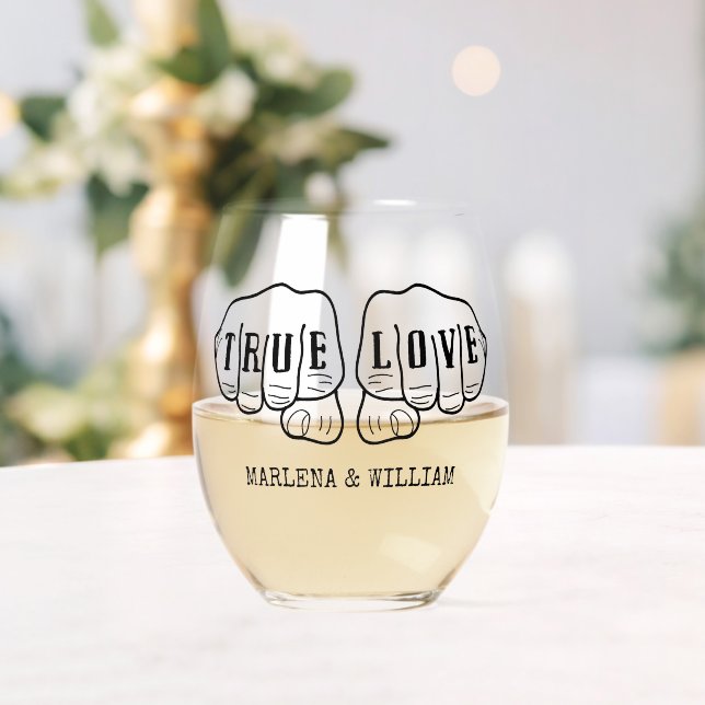 Punk Rock Tattoo Hands True Love Personalized Stemless Wine Glass (Insitu (Wedding))