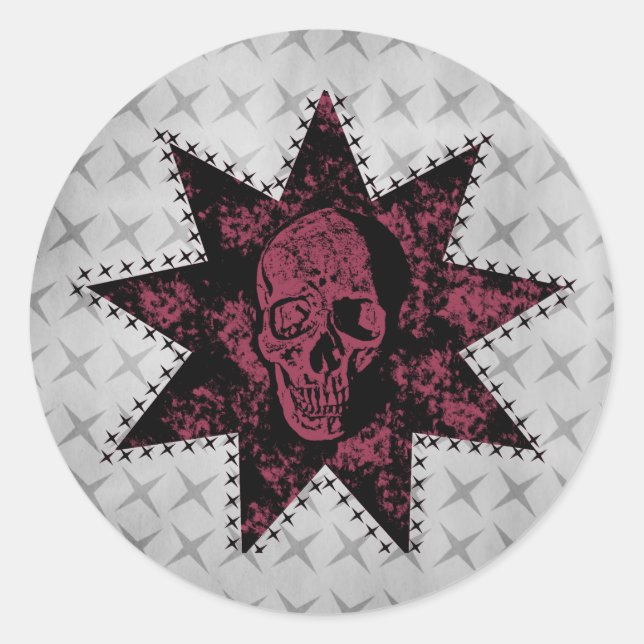 Punk Skull Stickers, Black and Dark Pink Classic Round Sticker (Front)