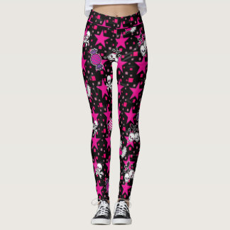 Punk Skulls and Candy Pattern on Pink Stars Leggings