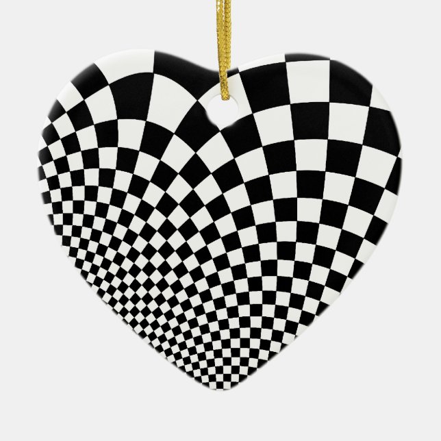 Punk warped retro chequerboard in black and white ceramic ornament (Front)