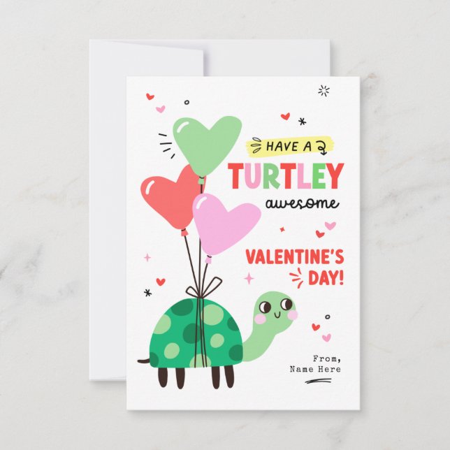 Punny Turtle Valentine's Day Kids Classroom Card (Front)