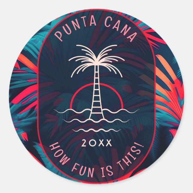 Punta Cana Beach party Palm tree leaves sunset Classic Round Sticker (Front)