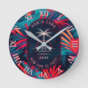 Punta Cana Beach party Palm tree leaves sunset Round Clock