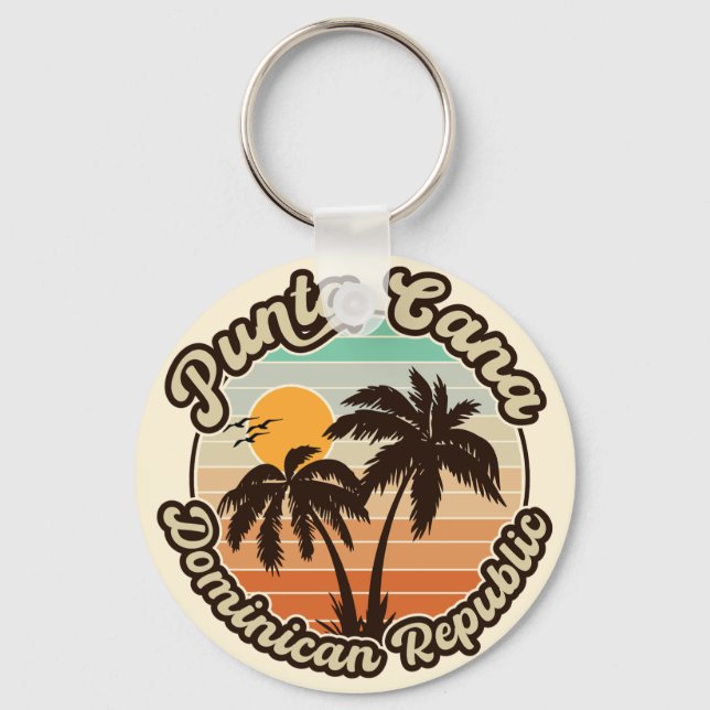 Punta Cana Dominican Palm Tree Retro Sunset 80s Keychain (Front)