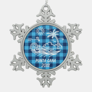 Punta Cana on Blue Buffalo Check Christmas Snowflake Pewter Christmas Ornament