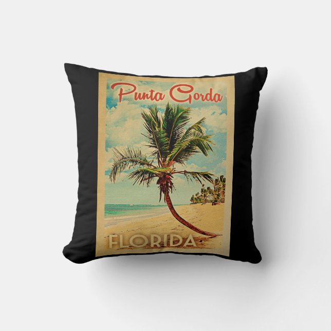Punta Gorda Florida Palm Tree Beach Vintage Travel Throw Pillow (Front)