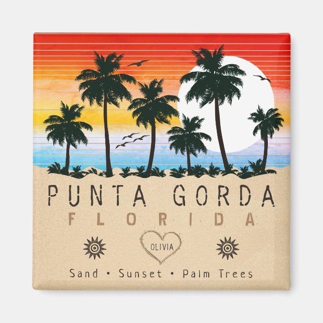 Punta Gorda Florida Retro Sunset Palm tree 1960s Magnet (Front)