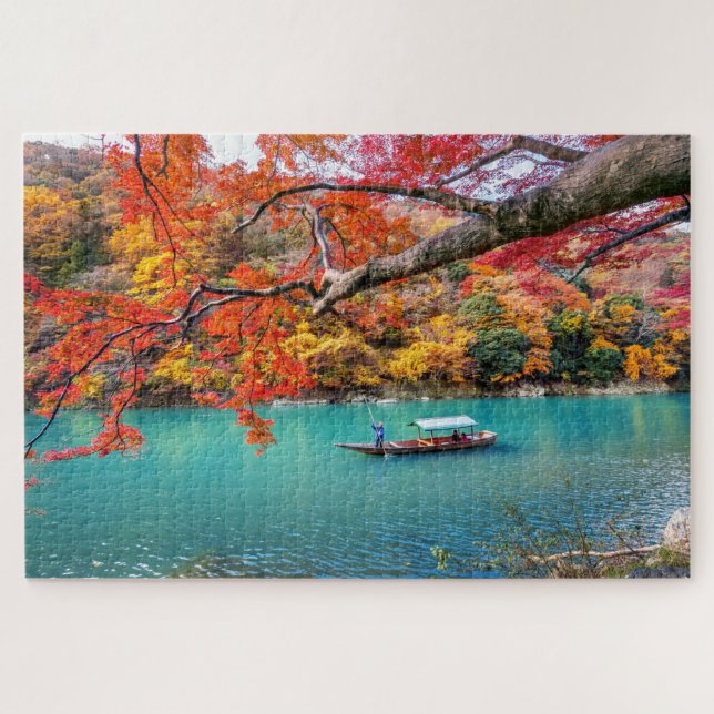 Punting On River In Fall Kyoto Japan Travel Jigsaw Puzzle (Horizontal)