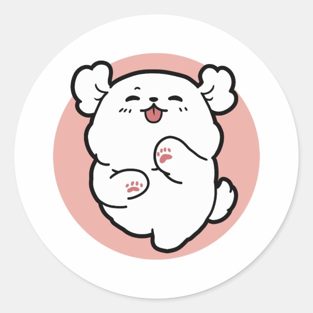Pup a Hello! – Happy White Dog Cartoon Design Classic Round Sticker (Front)
