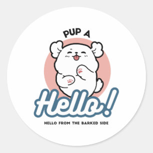 Pup a Hello! – Happy White Dog Cartoon Design Classic Round Sticker