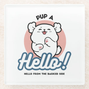 Pup a Hello! – Happy White Dog Cartoon Design Glass Coaster