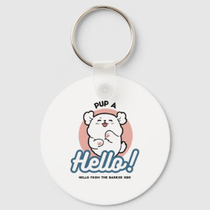 Pup a Hello! – Happy White Dog Cartoon Design Keychain