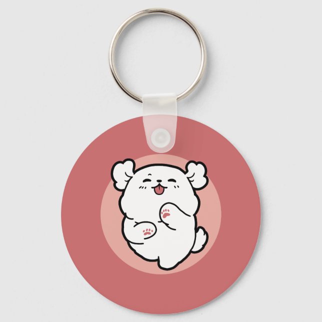 Pup a Hello! – Happy White Dog Cartoon Design Keychain (Front)