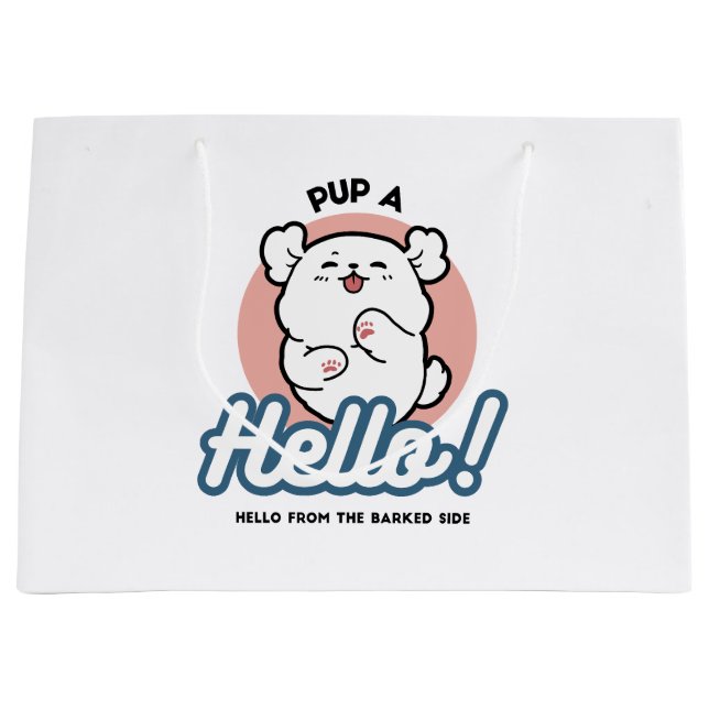 Pup a Hello! – Happy White Dog Cartoon Design Large Gift Bag (Front)