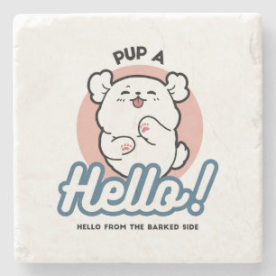 Pup a Hello! – Happy White Dog Cartoon Design Stone Coaster