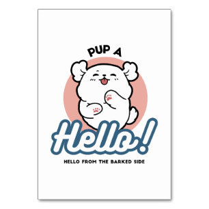 Pup a Hello! – Happy White Dog Cartoon Design Table Number