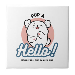 Pup a Hello! – Happy White Dog Cartoon Design Tile