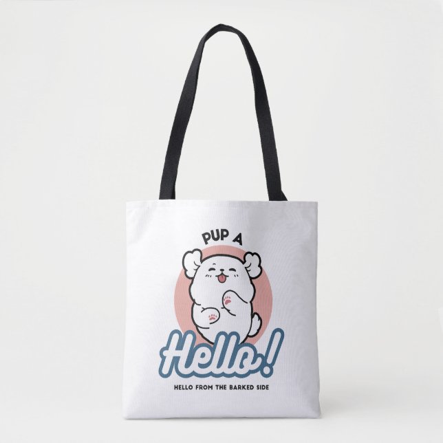 Pup a Hello! – Happy White Dog Cartoon Design Tote Bag (Front)