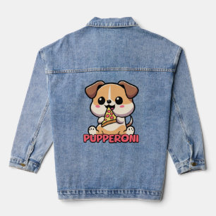 Pupperoni! Cute Pizza Dog Pun Cartoon Denim Jacket