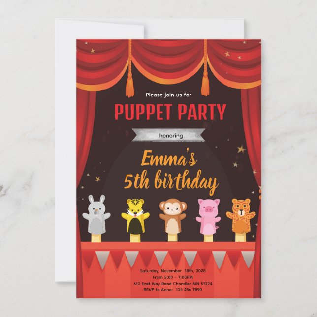 Puppet birthday party invitation (Front)