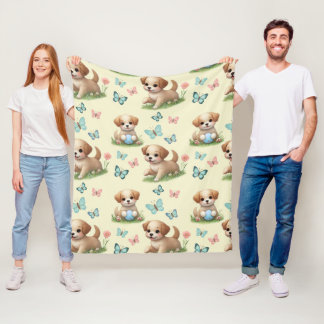 Puppies and Butterflies Watercolor Pastel Fleece Blanket