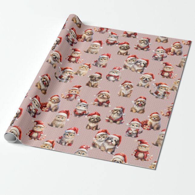 Puppies and Kitties in Their Santa Hats Wrapping Paper (Unrolled)