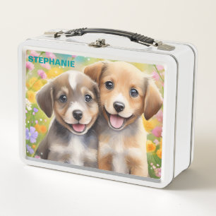Puppies Cute Dogs in a Meadow Personalized Name    Metal Lunch Box