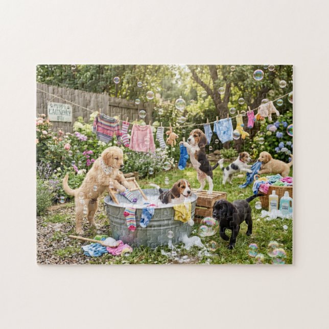 Puppies Doing Laundry Jigsaw Puzzle (Horizontal)