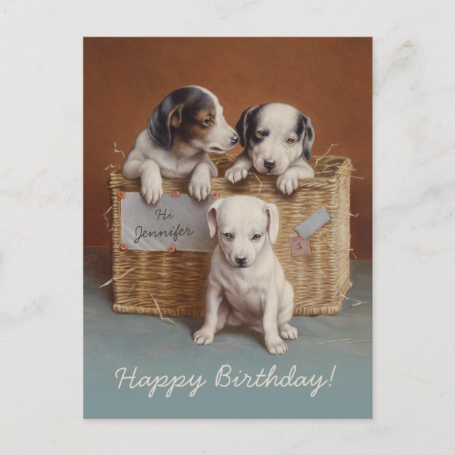 Puppies in a basket CC0686 Carl Reichert Birthday Postcard (Front)