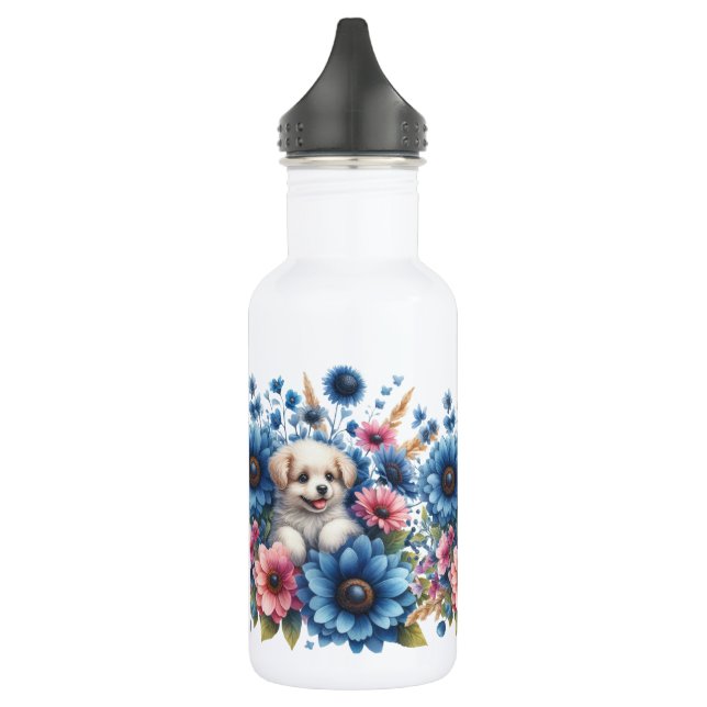 Puppies In Colourful Flowers White  532 Ml Water Bottle (Left)
