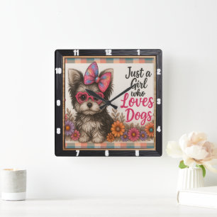 Puppies in Glasses Text Square Wall Clock