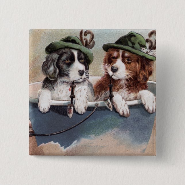 Puppies in Hats with Pipes 2 Inch Square Button (Front)