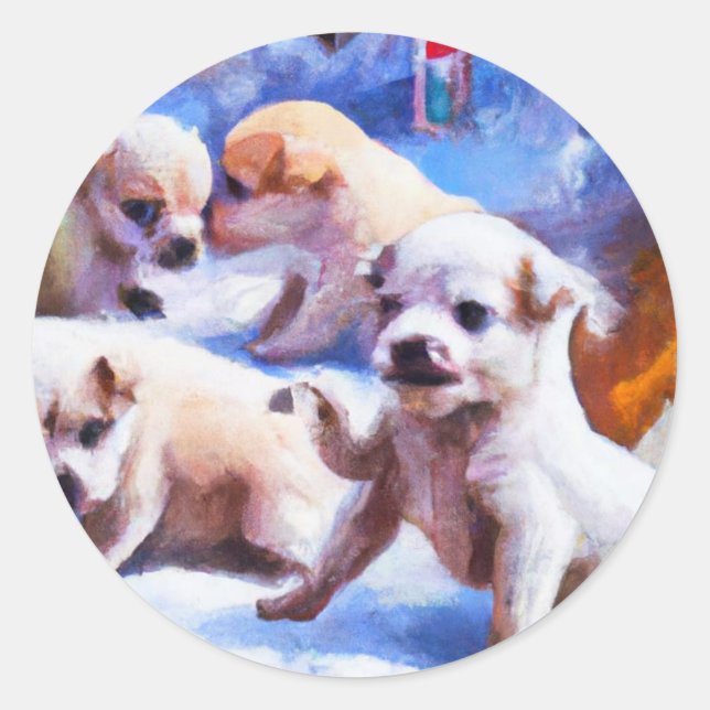 puppies in snow a cute Christmas Classic Round Sticker (Front)