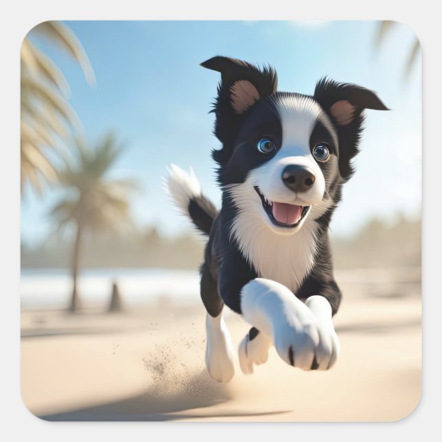 Puppies playing on the beach square sticker (Front)